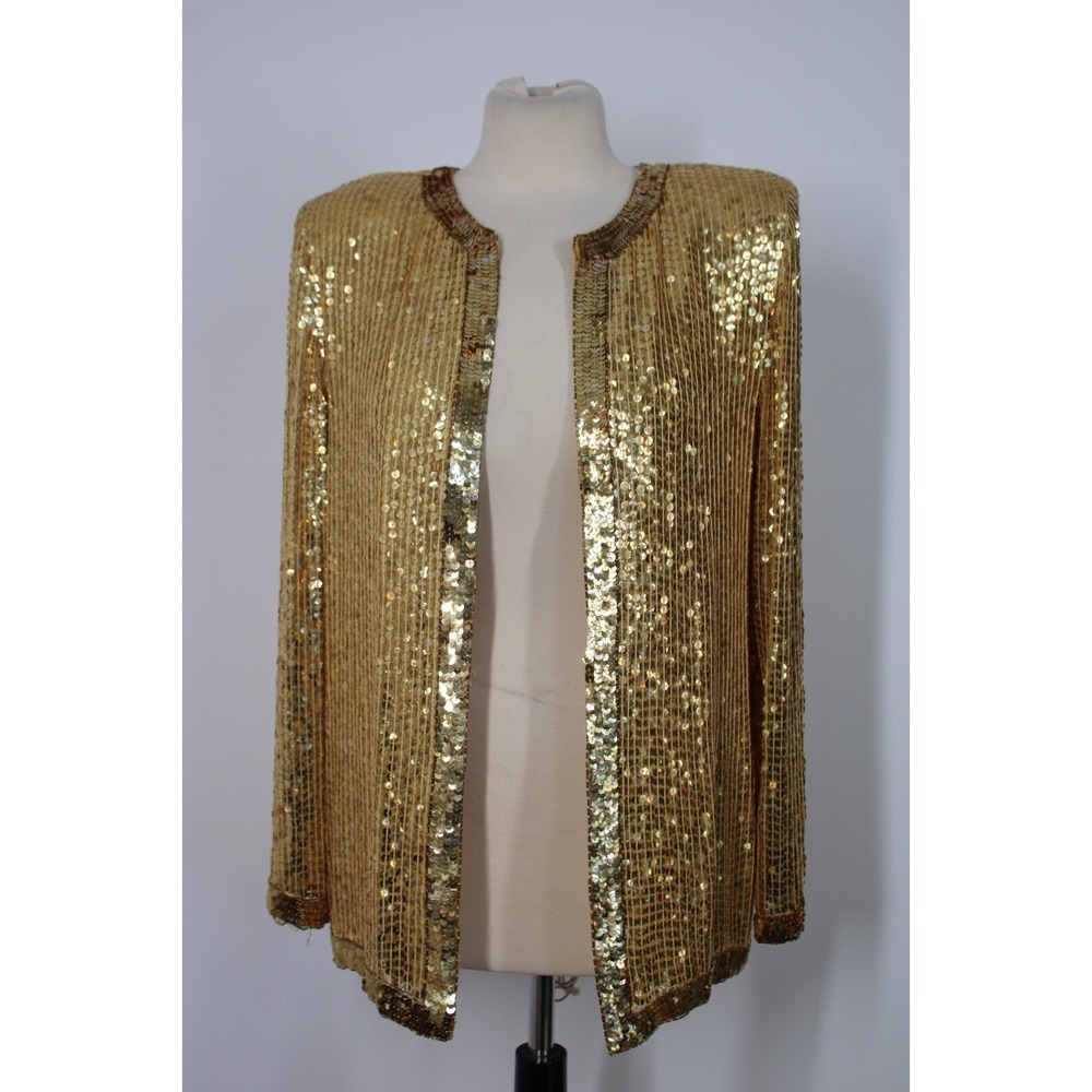 Vtg Champ Ellyse Silk Sequin Jacket Gold Party Evening Cocktail Small S